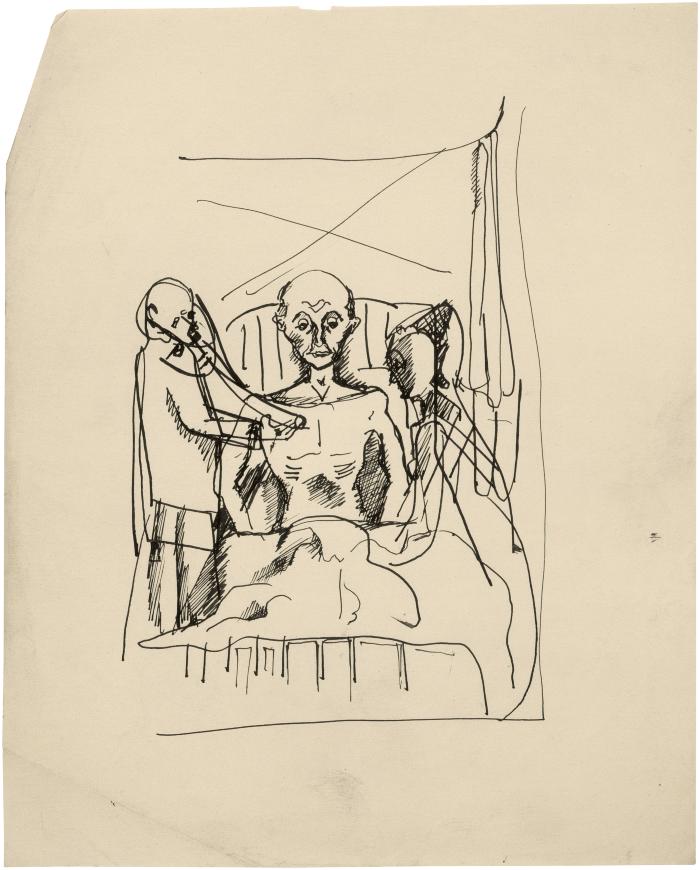 [Doctor examining man, nurse attending]