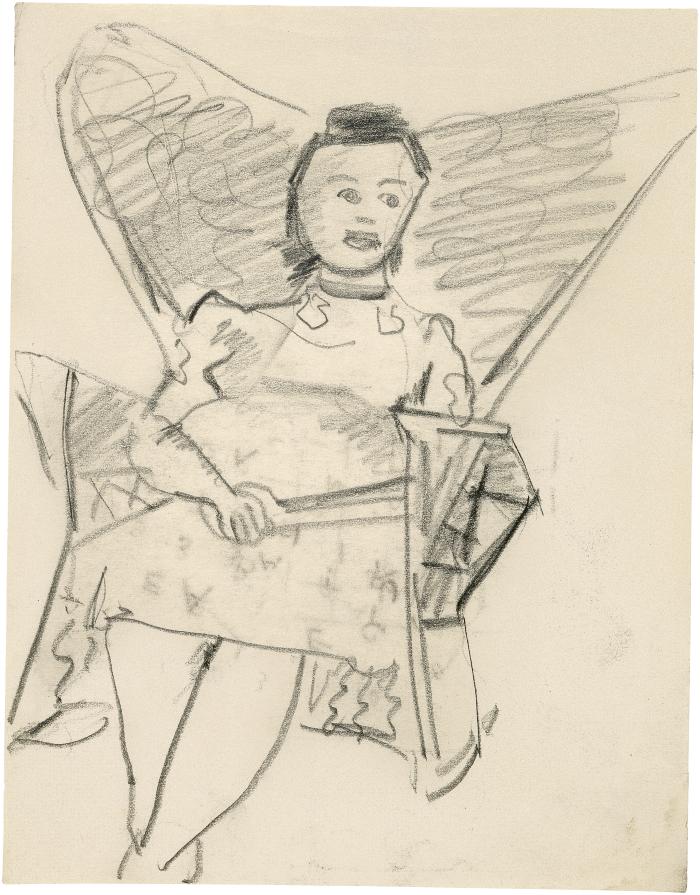 [Seated woman in wingback rocking chair]