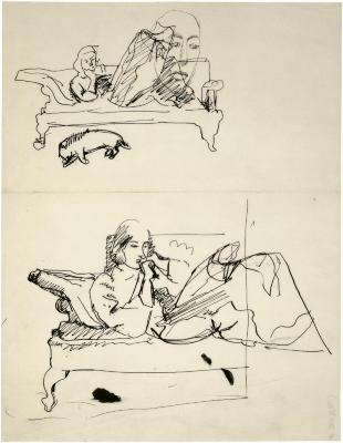 [Reclining woman on sofa with sleeping dog ]/[Face]/[Reclining woman on sofa]