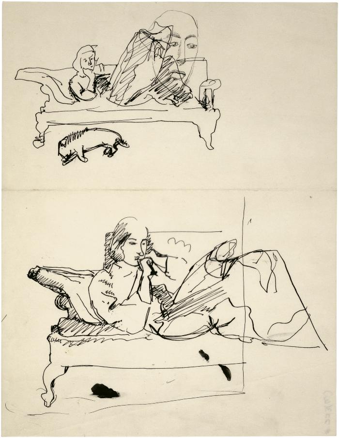 [Reclining woman on sofa with sleeping dog ]/[Face]/[Reclining woman on sofa]