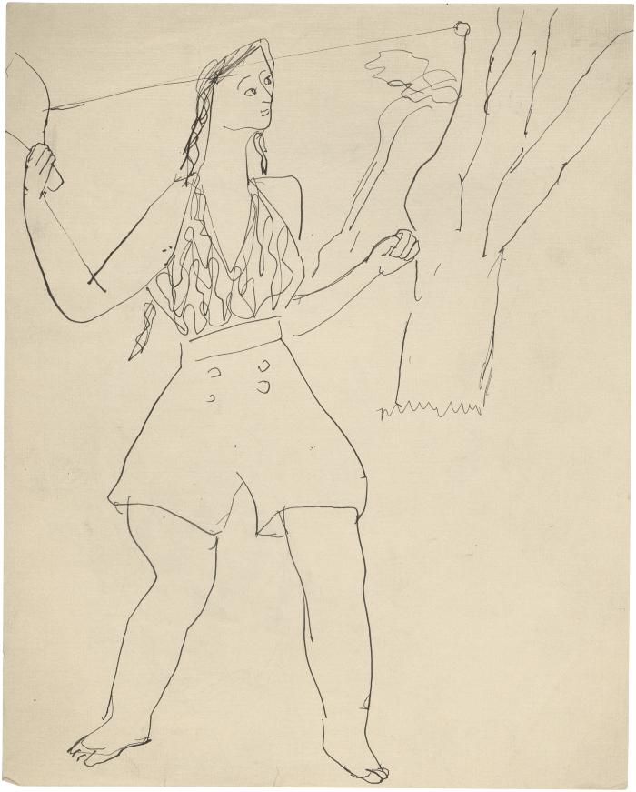 [Standing woman playing paddle ball]