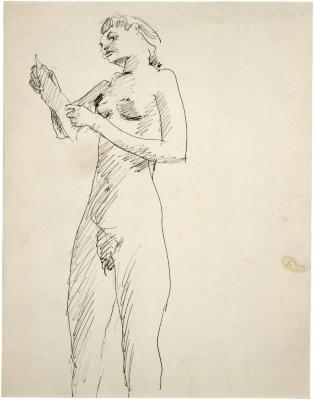 [Standing female nude reading]