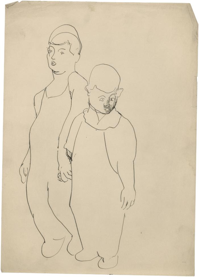 [Two standing boys holding hands]