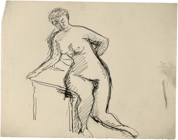 [Female nude leaning on chair]