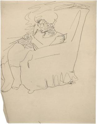 [Woman in armchair knitting]