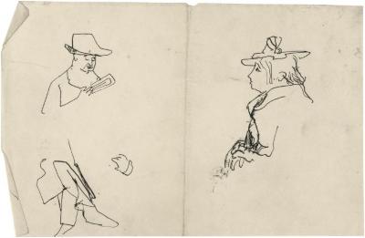 [Bust of a reading man / crossed lower legs / bust of woman]