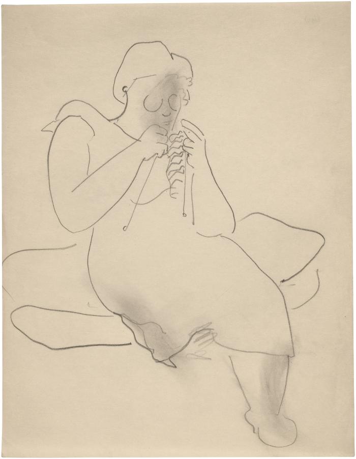 [Woman seated with eyeglasses knitting]