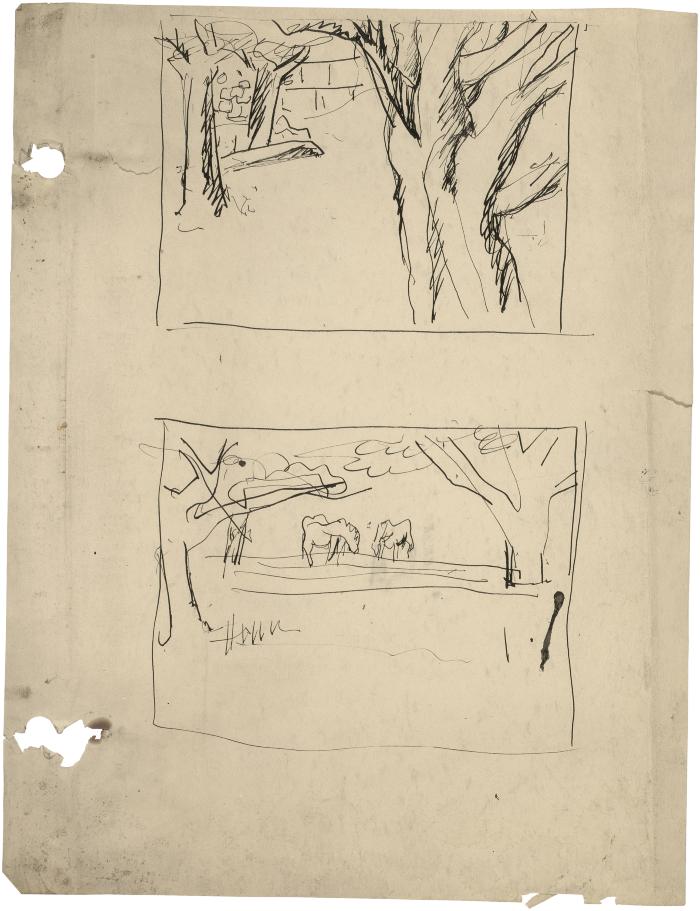 [Trees and fence / two horses]