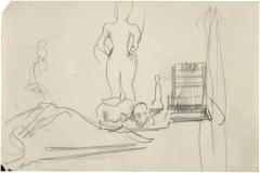 [Standing female nude with objects on table]