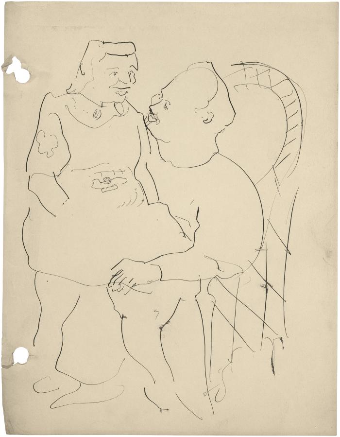 [Woman seated on a man’s lap in wicker chair]