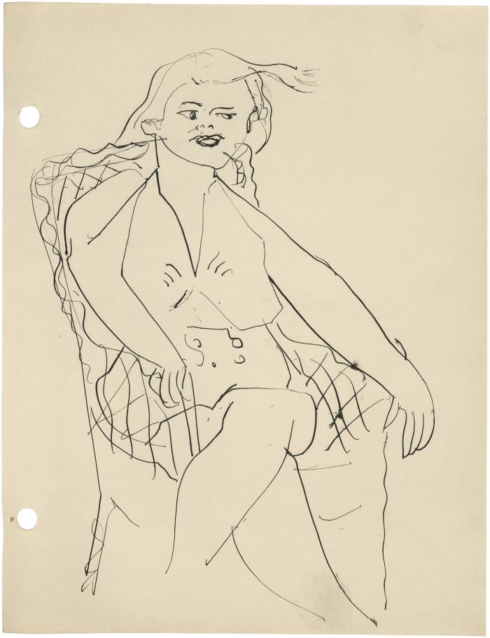 [Woman in wicker chair]