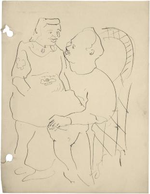 [Woman seated on a man’s lap in wicker chair]