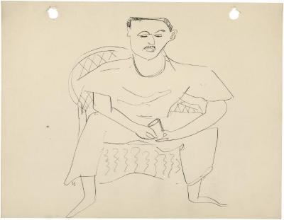 [Man in wicker chair]