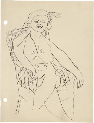 [Woman in wicker chair]