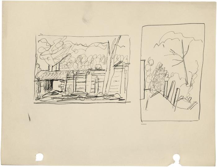 [Farm building / trees with fence posts]