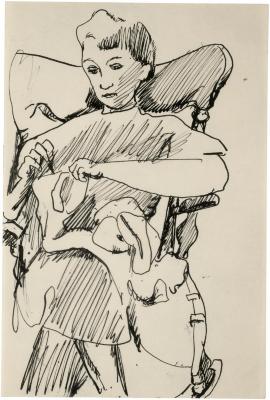 [Woman in rocking chair sewing]