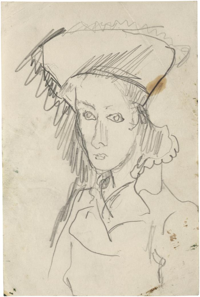 [Bust of woman wearing hat]