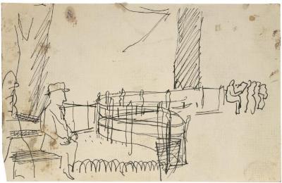 [Figures on park benches]