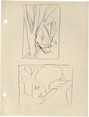 [Trees and building / landscape with trees and path]