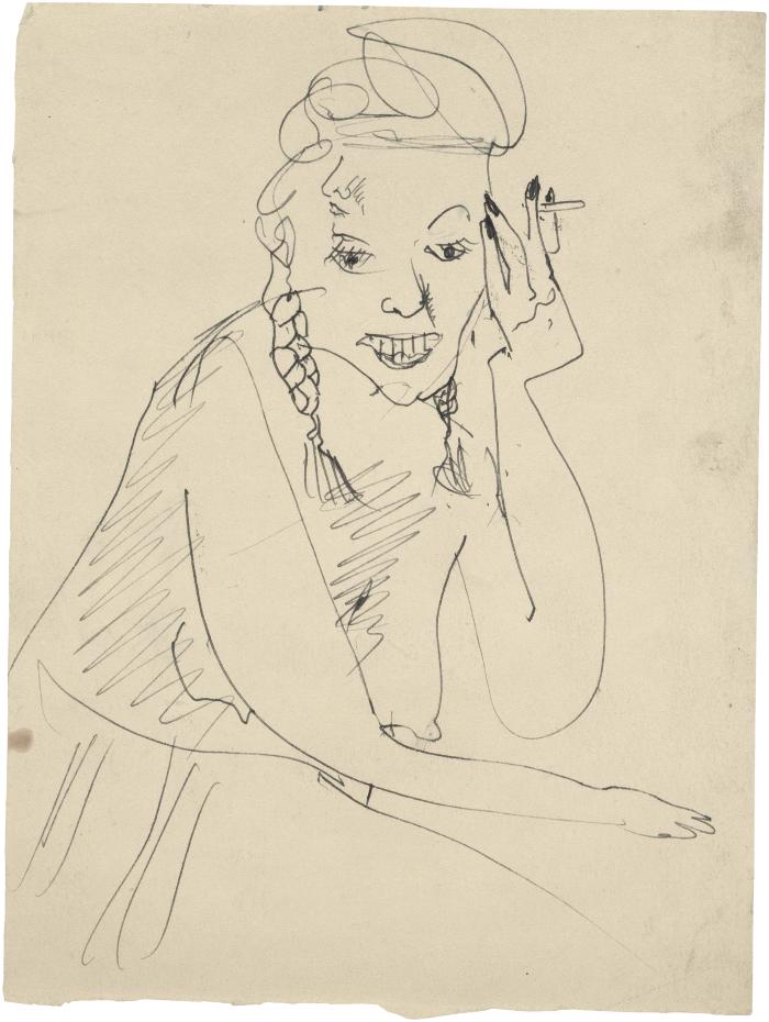 [Seated woman with braids holding a cigarette]