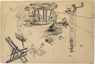 [Multiple studies: porch, foliage, chair, figures] The Scribble-In Book, page 1