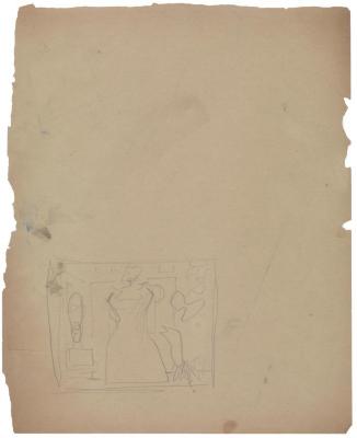 [Standing woman in interior with sculptures]