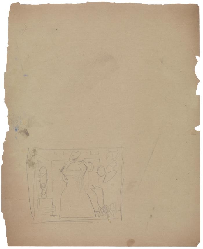 [Standing woman in interior with sculptures]