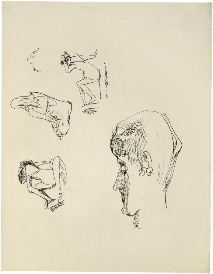 [Female bather, three studies / profile of head]